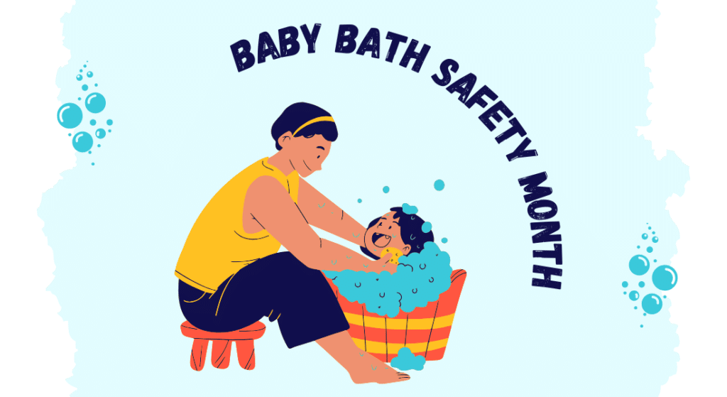 mother washing child with baby bath safety month over them